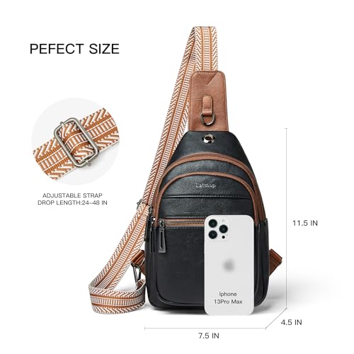 LATMAP 7L Sling Bag For Women Faux Leather Anti Theft Small Casual Daypack Backpack Fanny Pack Crossbody Chest Bags Purse Waterproof - color: 7l-black W/ Brown Trim