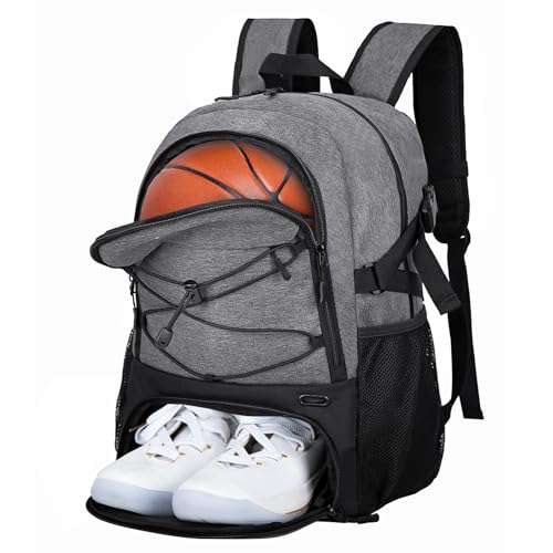 LARIPOP Basketball Backpack with Ball Compartment - Ventilated Shoe Pocket Fits US Size 15, Water Resistant 30L Sports Bag for Men Women Teen Athletes Practice Travel - color: Light gray