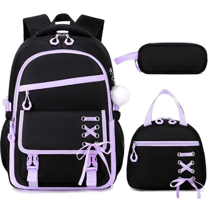 Scothen 3PCS Girls Backpack for School, Kids Backpack for Girls with Lunch Bag Pencil Case, Kids Bookbag Teen Backpacks for Elementary Middle High School (Black-Purple) - color: Black-purple