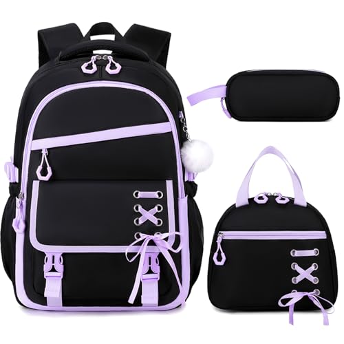 Scothen 3PCS Girls Backpack for School, Kids Backpack for Girls with Lunch Bag Pencil Case, Kids Bookbag Teen Backpacks for Elementary Middle High School (Black-Purple) - color: Black-purple