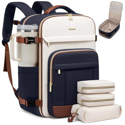 LOVEVOOK Travel Backpack for Women & Men - 17.3 Inch Carry On Backpack & Personal Item Backpack for Airlines, Spacious and Durable Design, with 3 Packing Cubes - color: Navy Blue-beige-brown, size: Large-40L-4Pcs
