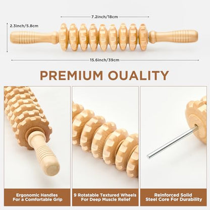 Wooden Cellulite Massage Roller for Legs and Thighs - Handheld Fascia Blaster Tool for Muscle Relief, Lymphatic Drainage & Body Sculpting - Anti Cellulite Massager for Women and Men (9 Wheel) - color: Wooden Straight