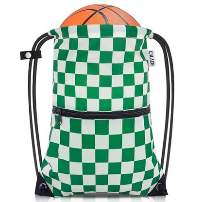 draw string back bag, Large Gym Sports string backpack for men and women with front zipper pocket(Greencheckered) - color: Greencheckered, style: Drawstring With Front Pocket