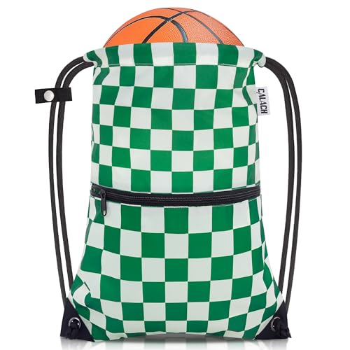draw string back bag, Large Gym Sports string backpack for men and women with front zipper pocket(Greencheckered) - color: Greencheckered, style: Drawstring With Front Pocket