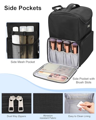 Relavel Makeup Backpack Large Bag with 5 Clear Set Bags, Dual Layer Professional Cosmetic Organizer Travel Train Case Makeup Artist Kit with Adjustable Dividers & Easy to Clean Lining, Black - color: Black with 2 extra clear bags, size: Large