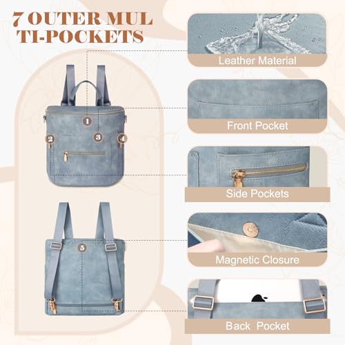 miss fong Diaper Bag Backpack Baby Diaper Bag, Large Leather Diaper Backpack with 16 Pockets Travel Diaper Bag with Diaper Changing Pad, Stroller Straps & 2 Insulated Pockets - color: Blue Fog