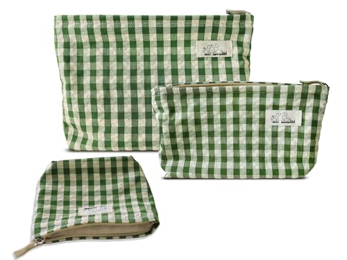 HAPPYHEIDI Nylon Checker Makeup Bag Set 3 with Compartment Cosmetic Toiletry Travel Pouch,Purse Accessory Organizer, 3-Size, Beige Green Plaid, Canvas Lined - color: Beige Green Checker Set of 3 - w Compartment