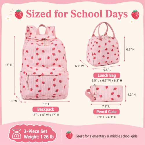 BTOOP School Backpacks for Teen Girls Bookbags Lightweight Kids Backpack School Bags Set with Lunch Box Pencil Case - color: Pink Strawberry