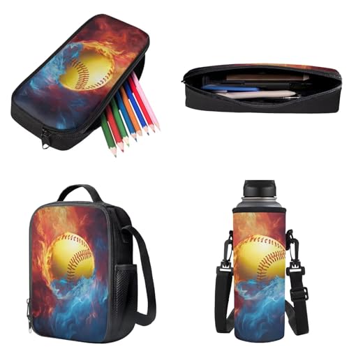 Yellow Baseball Flame Backpack for Child 4 Pieces Zippered Bookbag Set with Lunch Bag Pencil Case Kids School Bag Water Bottle Sleeve Casual Preschool Backpack - color: Yellow Baseball Flame