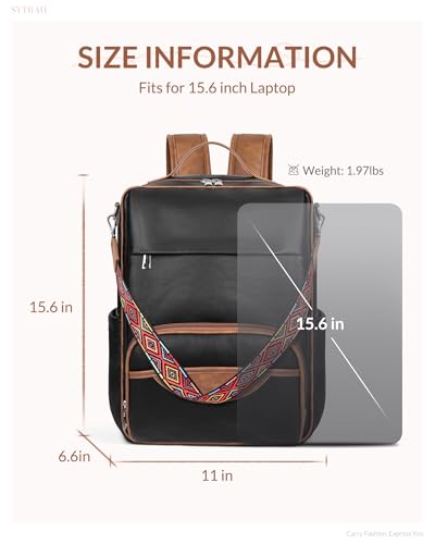 SYTRAH Leather Laptop Backpack, 15.6 Inch Business Computer Bag, Designer College Backpack Travel Backpack with Colorful Shoulder Bag Strap Black Brown - color: Black Brown