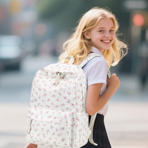 Bluboon School Backpack for Teen Girls Women Laptop Backpack College Bookbags Middle School Travel Work Commuter Back Pack - color: Pink Rose Flower Beige Base 312