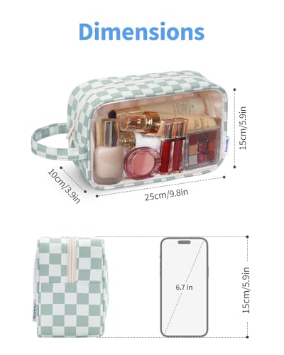 Narwey Clear Toiletry Bags for Traveling Women Men, Clear Travel Bags for Toiletries Makeup Bag Cosmetic Bag with Zipper, Make Up Organizer, Skincare Bag (Mint Green Checkerboard) - color: Y-Mint Green Checkerboard