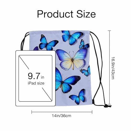 Drawstring Backpack Beautiful Blue Butterflies Lightweight Gym Backpack Various Flying Positions Simple Design for Women Men 14x16.9 Inch - color: Butterflies