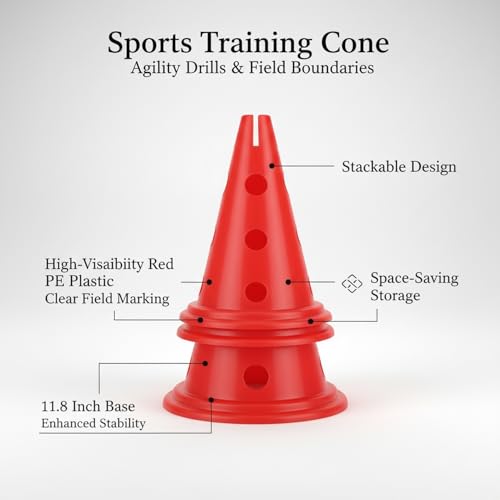Stackable Sports Training Cone, Durable PE Agility Marker with 11.8" Base for Soccer & Field Drills, Red (1 Pack)