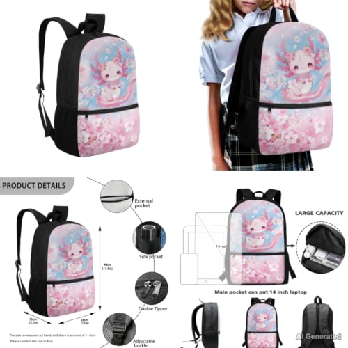 Cherry Blossom Axolotl Backpack for Girls Kids Backpacks with Lunch Box Pencil Pouch Water Bottle Sleeve 4PCS Set 1st Grade Backpack Girls Bookbag for Primary Elementary School Bag - color: Axolotl Cherry Blossom