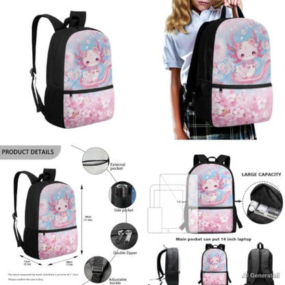 Cherry Blossom Axolotl Backpack for Girls Kids Backpacks with Lunch Box Pencil Pouch Water Bottle Sleeve 4PCS Set 1st Grade Backpack Girls Bookbag for Primary Elementary School Bag - color: Axolotl Cherry Blossom