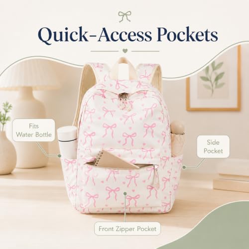 Bluboon School Backpack for Teen Girls Women Laptop Backpack College Bookbags Middle School Travel Work Commuter Back Pack - color: Beige Base Pink Bow & Heart