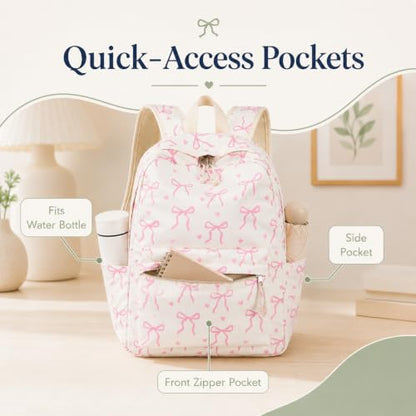 Bluboon School Backpack for Teen Girls Women Laptop Backpack College Bookbags Middle School Travel Work Commuter Back Pack - color: Beige Base Pink Bow & Heart