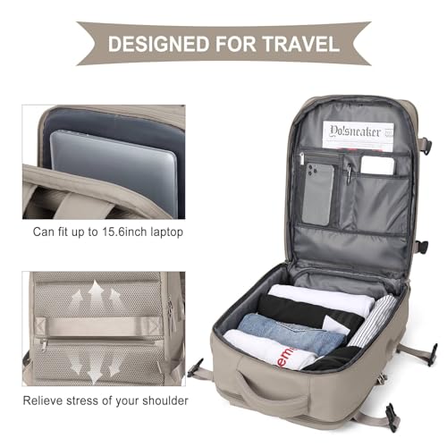 WONHOX Large Travel Backpack Women, Carry On Backpack, Hiking Backpack Waterproof Outdoor Sports Rucksack Casual Daypack with USB Charging Port Shoes Compartment, Grey Brown