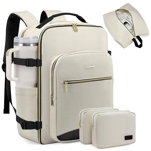 LOVEVOOK 40L Large Travel Backpack for Women Men, 17 Inch Carry on Backpack for Traveling on Airplane, Personal Item Travel Bag Airline Approved, Business Causal Weekender Backpack, Beige-Black - color: Beige-black, size: 40L-17.3 Inch-4Pcs