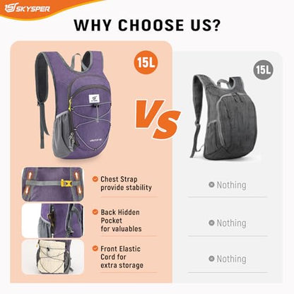 SKYSPER 15L/20L Foldable Hiking Backpack Lightweight Packable Travel Daypack with Chest Strap Small Folding Pack for Walking - color: Purple, size: 15l