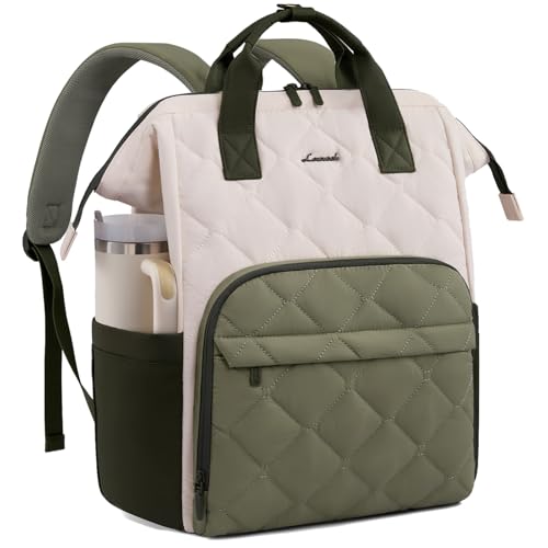LOVEVOOK Laptop Backpack for Women, 15.6 inch Work Travel Backpack Purse, Puffer Quilted Laptop Backpack Casual Daypack for Nurse Teacher，Green and White - color: Green and White, size: 15.6 inch