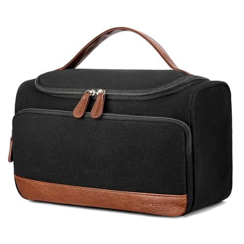 Vorspack Structured Canvas Toiletry Bag for Men, Upright Travel Bag with Wet Pocket, Wide Opening Bathroom Organizer for Shaving, Grooming, Skincare, Travel Essentials, Large-Black - color: Black, size: Large