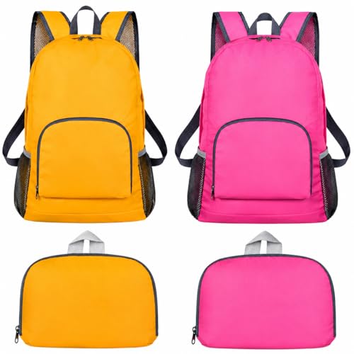 DLAND Pack of 2 Lightweight Foldable Backpack, Water Resistant Travel Hiking Packable Backpack 20 Liters (Rose red + orange) for Camping, Outdoor, Travel Cycling - color: Rose Red + Orange