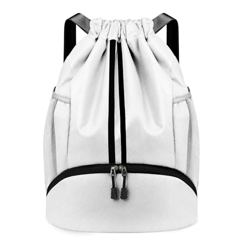 PinCute Drawstring Backpack for Women Men, Gym Bag for Soccer, Basketball, Swim, Beach, Water-Resistant Sports Backpack with Wet Pocket and Shoe Compartment, White - color: White