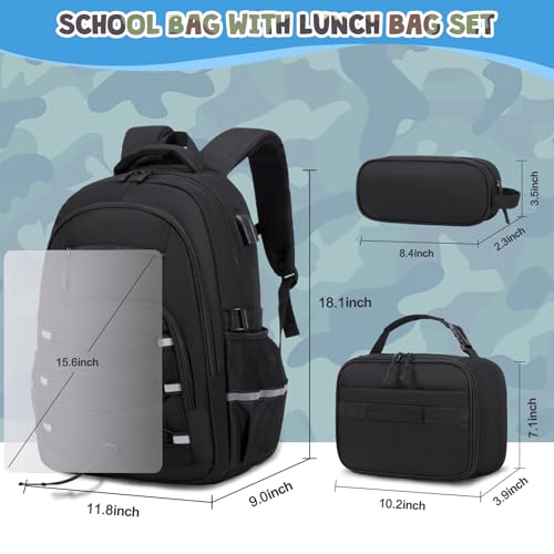 ACESAK Camo Backpack for Boys, Tactical Kids Backpack Boys, School Bags for Boy Children Teens Kids Elementary Middle High School, Military Bookbag and Lunch Bag Pencil Case Set with USB Charging Port - color: Black