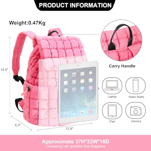 XSUIOY Quilted Backpack Purse for Women Small Lightweight Puffer Puffy College Laptop Backpack Nylon Casual Bookbag Daypack Top Flap Drawstring Padding Hiker Travel Gym Backpack(Pink) - color: Pink