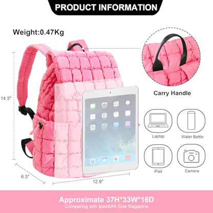 XSUIOY Quilted Backpack Purse for Women Small Lightweight Puffer Puffy College Laptop Backpack Nylon Casual Bookbag Daypack Top Flap Drawstring Padding Hiker Travel Gym Backpack(Pink) - color: Pink