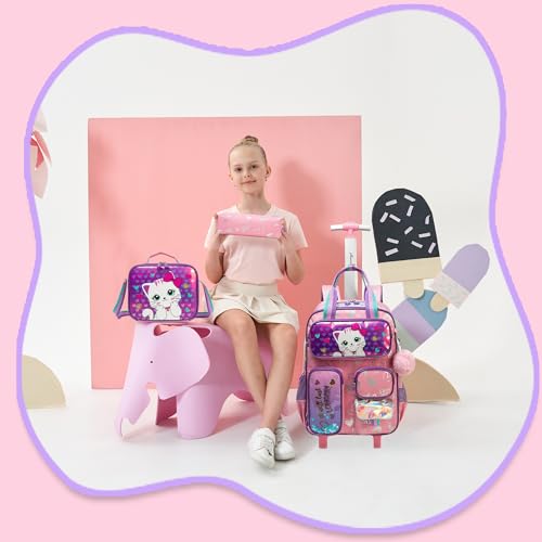 Rolling Backpacks with Wheels for Girls Cute Pink Cat School Roller Backpack,Kids Carry on Travel Luggage with Lunch Bag and Pencil Case for Girls Ages 5-12 - color: A Pink Cat