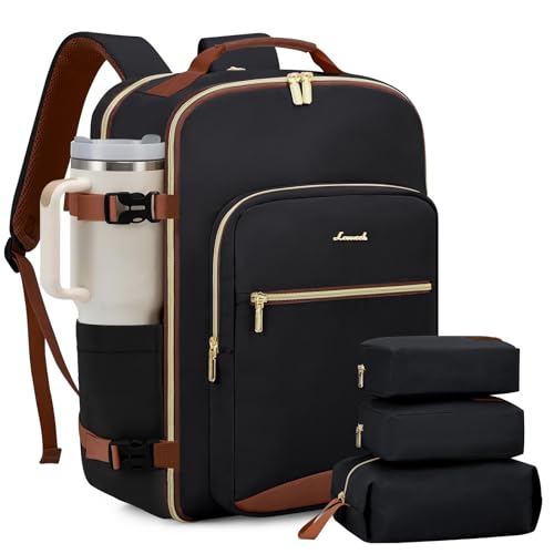 LOVEVOOK 40L Travel Backpack for Women & Men, Airline Approved Carry On Luggage with 3 Packing Cubes, TSA Overnight Bags, Waterproof Personal Item Bag, Weekender Essentials Backpacks fits 17" Laptop - color: Black-brown, size: Large
