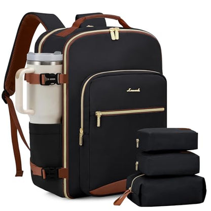 LOVEVOOK 50L Travel Backpack for Women & Men, Airline Approved Carry On Luggage with 3 Packing Cubes, TSA Overnight Bags, Waterproof Personal Item Bag, Weekender Essentials Backpacks fits 17" Laptop - color: Black-brown, size: X-Large