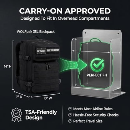 WOLFpak 35L Tactical Gym Backpack (Alpha Black) Durable 1000D Waterproof Oxford Material with MOLLE Webbing, Laptop Pocket & Dual Cup Holders, Durable Fitness/Travel/Military Daypack - color: Alpha Black