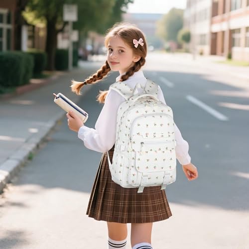 Kids High Middle School Backpack for Girls 5-12 Kawaii Travel Flower Bookbag,Beige Flower - color: Beige Flower