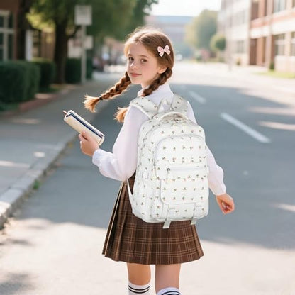 Kids High Middle School Backpack for Girls 5-12 Kawaii Travel Flower Bookbag,Beige Flower - color: Beige Flower