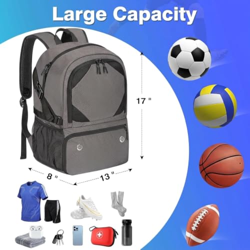 Soccer Backpack with Seperate Compartment, Water Resistant Sport Bags fit for Basketball, Volleyball, Football - color: Grey