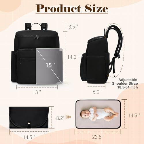 Diaper Bag Backpack, Neoprene Bag Backpack, Large Diaper Backpack with 16 Diaper Bag Organizers, 4 Insulated Pockets, Lighweight Travel Baby Bag with Changing Pad for Mom & Dad, Black - color: Black