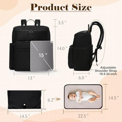 Diaper Bag Backpack, Neoprene Bag Backpack, Large Diaper Backpack with 16 Diaper Bag Organizers, 4 Insulated Pockets, Lighweight Travel Baby Bag with Changing Pad for Mom & Dad, Black - color: Black