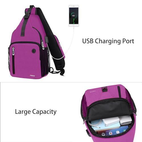 MOSISO Sling Backpack Bag, Crossbody Shoulder Bag Travel Hiking Daypack Chest Bag with Front Square Pocket&USB Charging Port - color: Rose Red