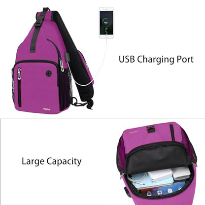MOSISO Sling Backpack Bag, Crossbody Shoulder Bag Travel Hiking Daypack Chest Bag with Front Square Pocket&USB Charging Port - color: Rose Red