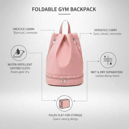 Foldable Gym Backpack with Wet/Dry Separation, Water-Resistant Oxford Sports Bag for Travel & Commute - color: Pink