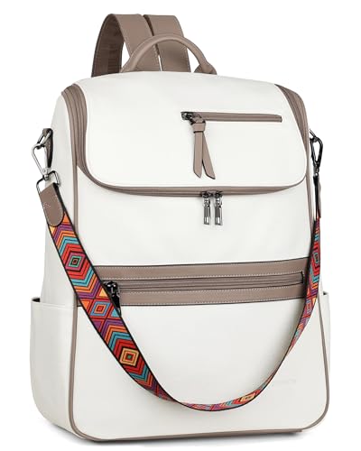 FADEON Laptop Backpack for Women Leather Travel Backpack with Laptop Compartment, Designer PU Shoulder Laptop Bag White - color: White Retro Style
