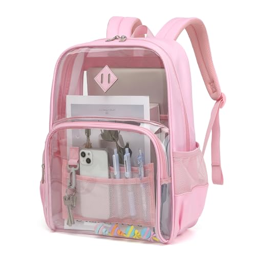 MUSEVOS Clear Backpack, Heavy Duty Bookbag for School, 2-in-1 Design Transparent PVC & Oxford Fabric, for Girls and Women. Pink - color: Pink
