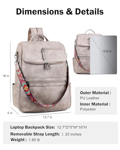 FADEON Laptop Backpack for Women Leather Travel Backpack with Laptop Compartment, Designer PU Shoulder Laptop Bag Grey - color: Grey Retro Style