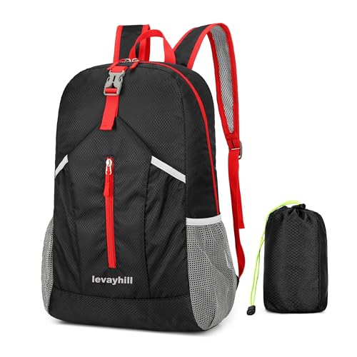 levayhill 25L Foldable Hiking Backpack,Small Packable Daypack, Black | Lightweight Collapsible Bag,Water Repellent Travel Basic-Daypack,Men Women Camping Cycling Rucksack Outdoor Back Pack - color: Black