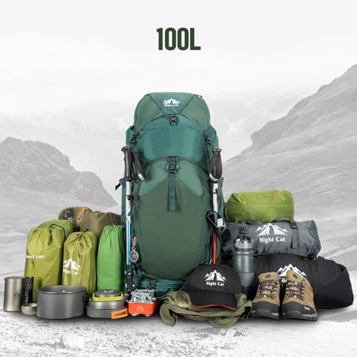 Night Cat Internal-frame Hiking Backpack: 100L Large Camping Backpack for Men Women Traveling Waterproof Rain Cover Green