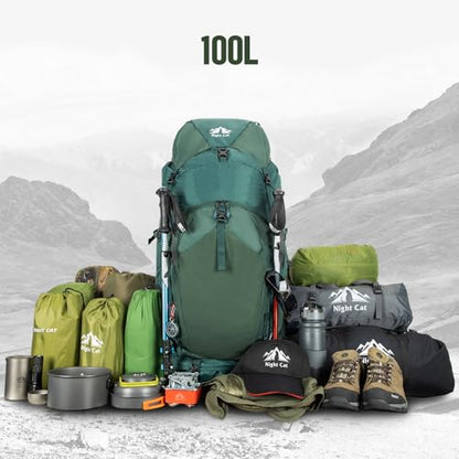 Night Cat Internal-frame Hiking Backpack: 100L Large Camping Backpack for Men Women Traveling Waterproof Rain Cover Green